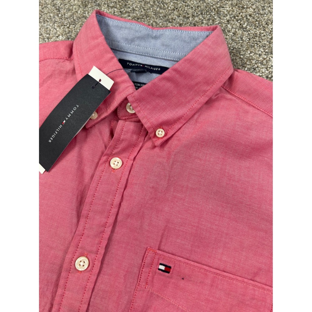 Tommy Hilfiger Mens Short Sleeve Button Down Shirt Red Custom Fit #0791